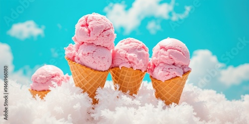Obraz na płótnie Sweet Clouds: Pink Ice Cream in Waffle Cones w salonie