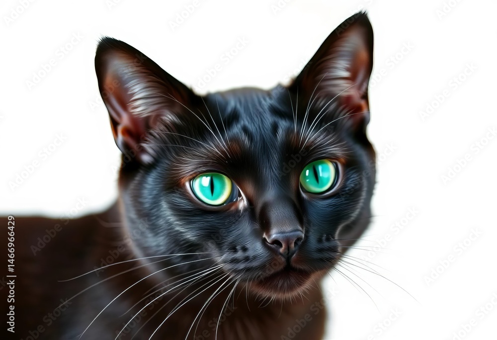 Silky black cat, emerald eyes, isolated on white , high resolution, nature Silky black cat, emerald eyes, isolated on white , high resolution, nature