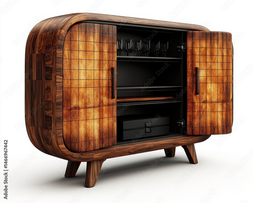 Mid-Century Modern Wooden Cabinet with Open Doors Showcasing Shelving and Storage on White Background