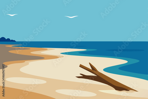 quiet beach after storm with driftwood and tide 