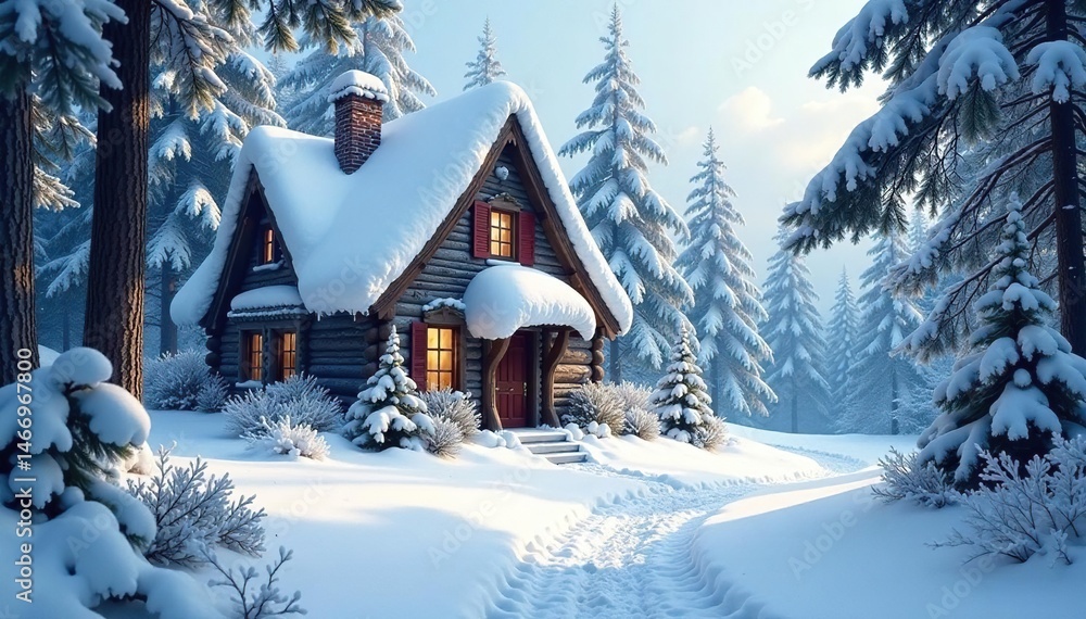 Fototapeta premium Snow-covered whimsical cottage nestled in frosted pines , magical, wintry, wonderland