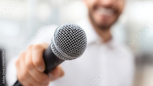 Close-up of a person holding a microphone.