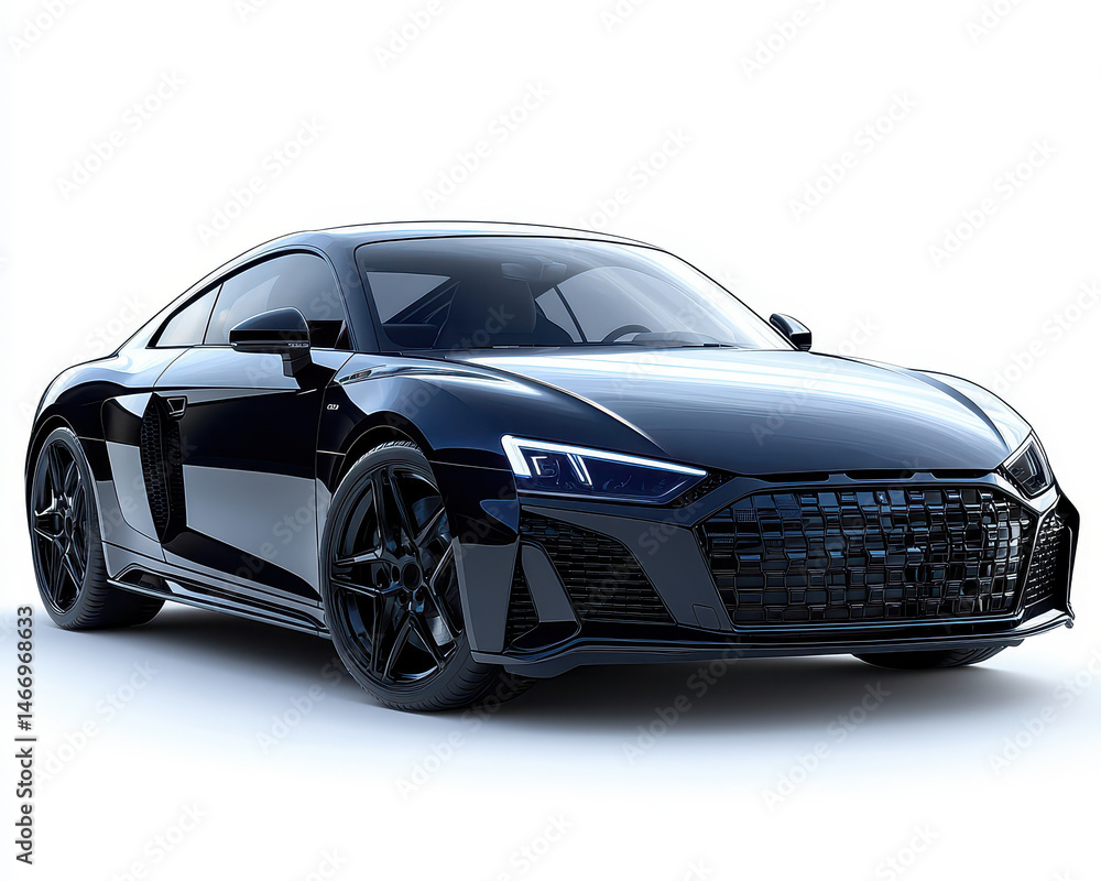 black sports car front view on white background, luxury automotive design, high-quality isolated image for transport and technology imagery