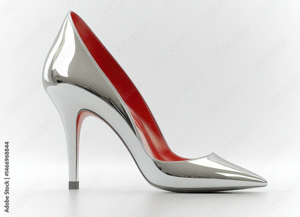 Sleek Metallic High Heels with Red Interior Isolated on White Background