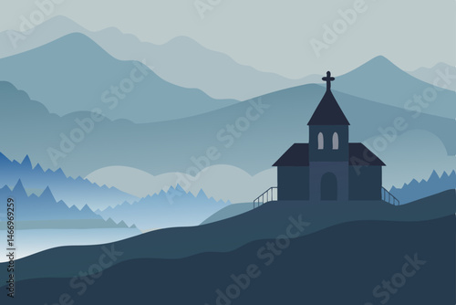 quiet hilltop chapel overlooking a valley blankete