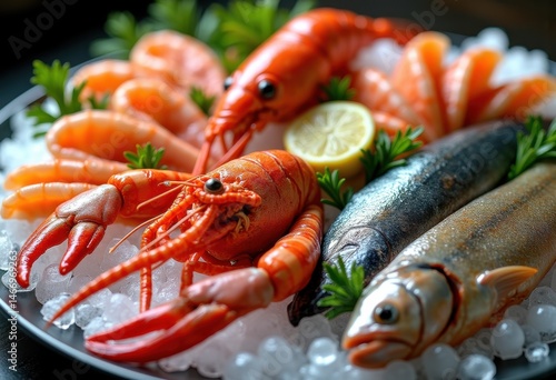 assorted fresh seafood display ice shellfish crustaceans fish arrangement, octopus, squid, tuna, salmon, shrimp, scallop, clam, mussel, lobster, crab, market