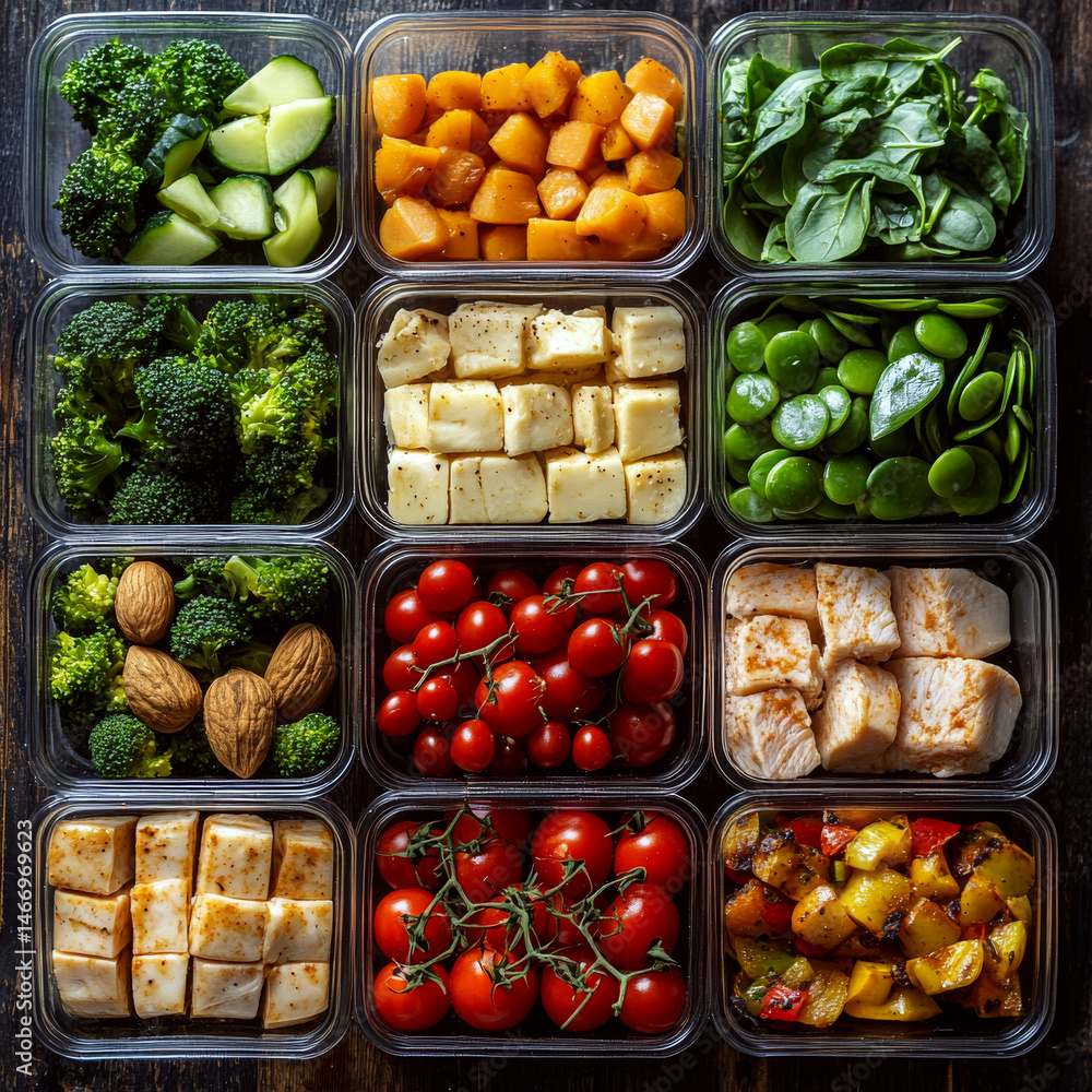 Containers filled with fresh vegetables, nuts, cheese, and chicken are organized neatly on a wooden surface. Concept of healthy meal preparation. For food planning inspiration.