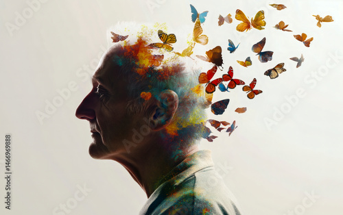 Silhouette of man with colorful butterflies. The alzheimer dementia illness disease concept. Amnesia, memory loss and confusion.