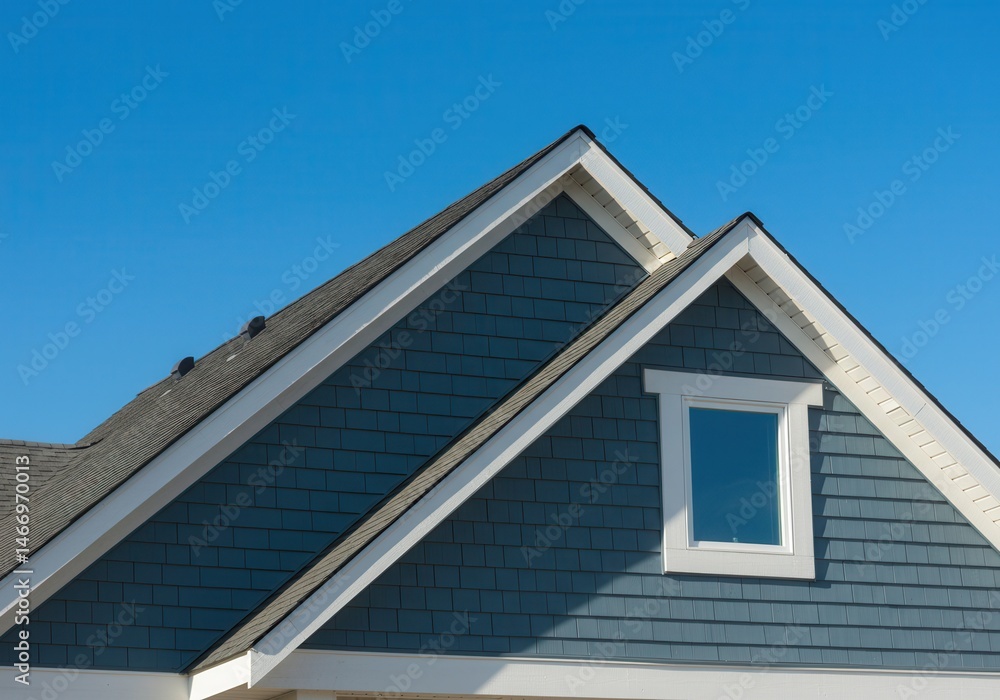Close up of a house gable with blue siding white trim and a window under a clear blue sky above it all Close up of a house gable with blue siding white trim and a window under a clear blue sky above it all