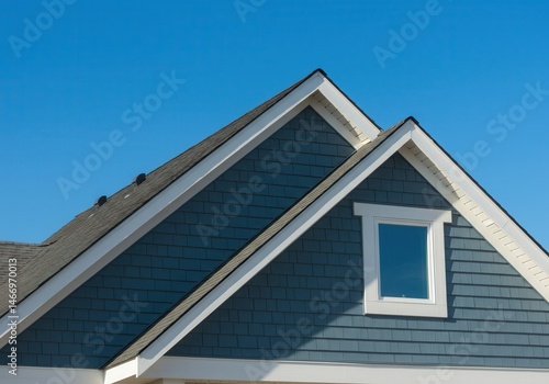 Wallpaper Mural Close up of a house gable with blue siding white trim and a window under a clear blue sky above it all Torontodigital.ca
