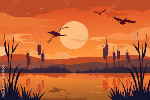 quiet marshland at dawn with cranes gliding over 