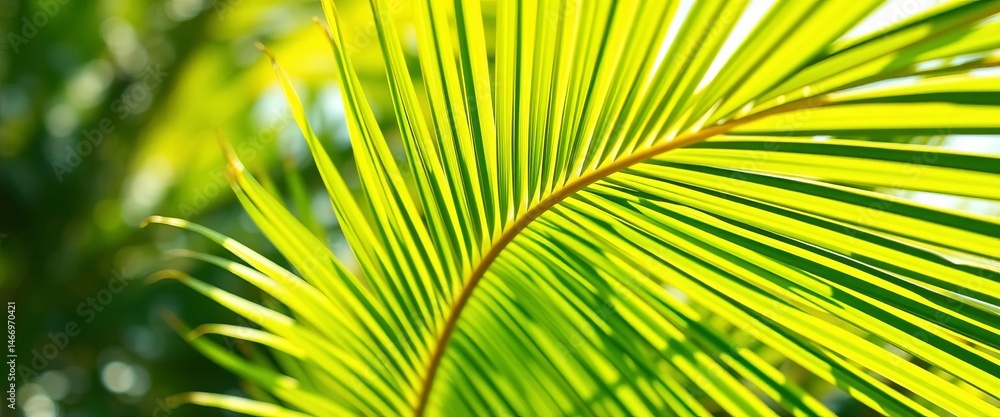 Obraz premium Single vibrant green palm frond elegantly curving in sunlit space, detail, high-resolution