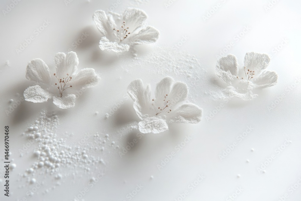 Delicate white flowers float on a textured white surface, creating a serene and minimalist scene. Delicate white flowers float on a textured white surface, creating a serene and minimalist scene.