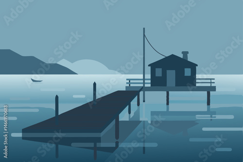 quiet northern fishing dock with fog settling over 