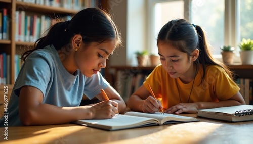 Hispanic teens studying together at library table, school, academic success, intellectual