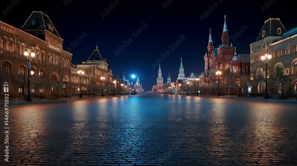 Obraz premium Nighttime Grandeur: Illuminated buildings cast a warm glow, reflecting on the polished pavement. A symmetrical urban scene comes alive under the moonlit sky.