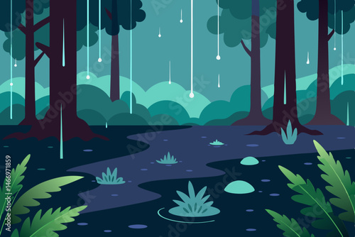 rain drenched forest with puddles  ferns  