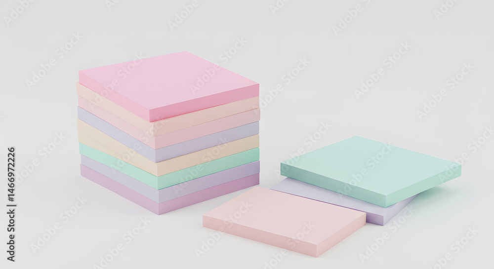 Fototapeta premium Pastel Rainbow Stacked Square Sticky Notes on White Background