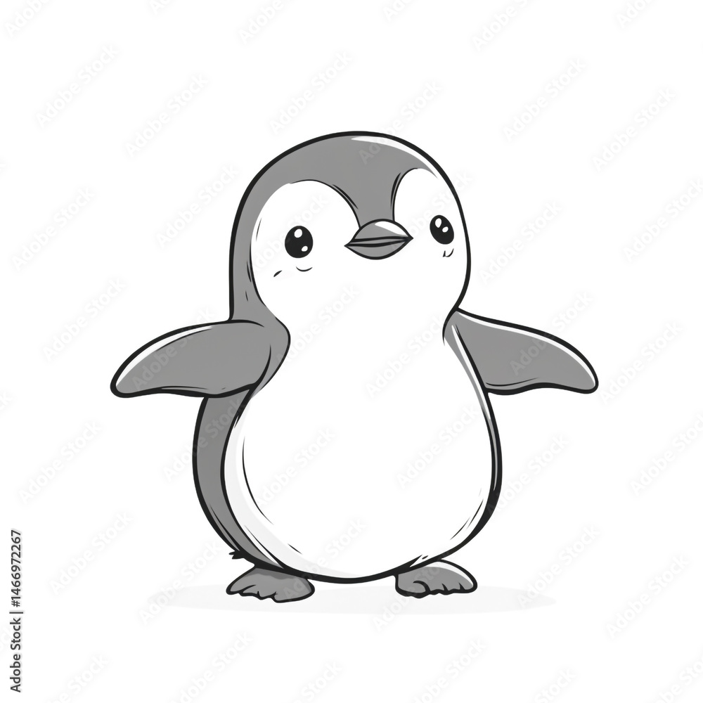 Fototapeta premium Adorable cartoon penguin illustration with a smiling face and outstretched wings on white background