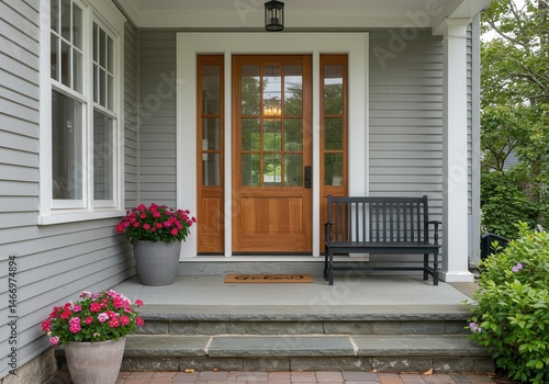 Entrance of a house with a wooden door flanked by sidelights and potted flowers on the porch area