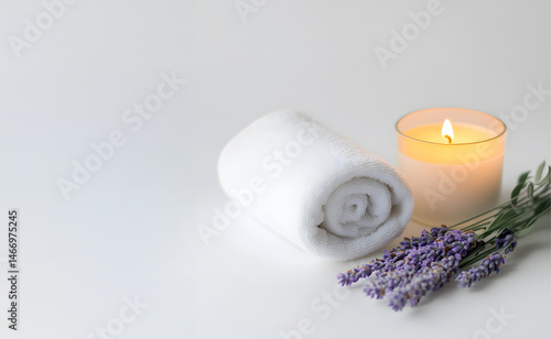 Obraz na płótnie Minimalist spa setup featuring glowing candle, fresh lavender sprigs, and rolled towel on clean white background, captured in soft light to convey calm, purity, and wellness atmosphere w salonie