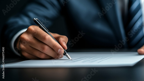 Closeup of Man's Hand in Blue Suit Writing with a Pen on a Document