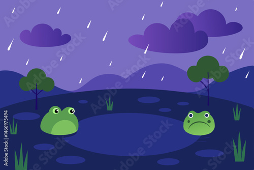 rainy meadow at twilight with frogs croaking 