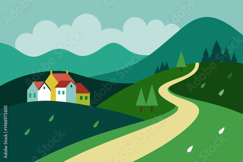 rainy village road winding through green hills 
