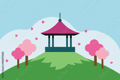 remote hilltop gazebo surrounded by blooming cherr