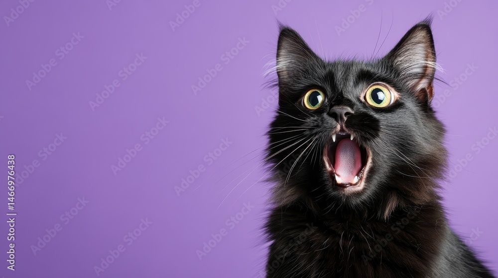 This playful black cat appears to be meowing with its mouth wide open against a vibrant purple background, showcasing its expressive features and unique personality. This playful black cat appears to be meowing with its mouth wide open against a vibrant purple background, showcasing its expressive features and unique personality.