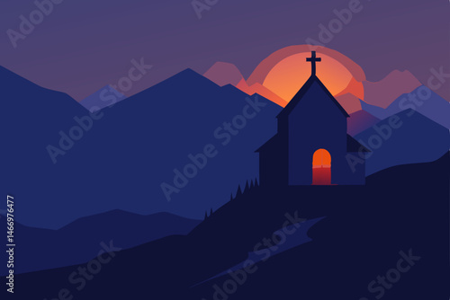 remote mountain chapel with warm light glowing in .svg