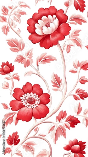 Elegant red floral design on white background, featuring stylized blossoms and leaves in a vertical arrangement