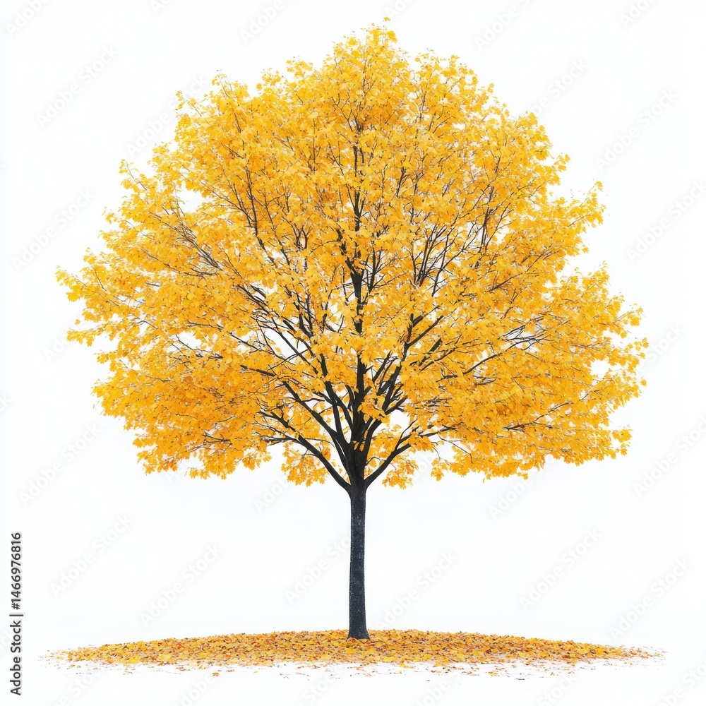 Fototapeta premium Yellow tree isolated on white background with fallen leaves around