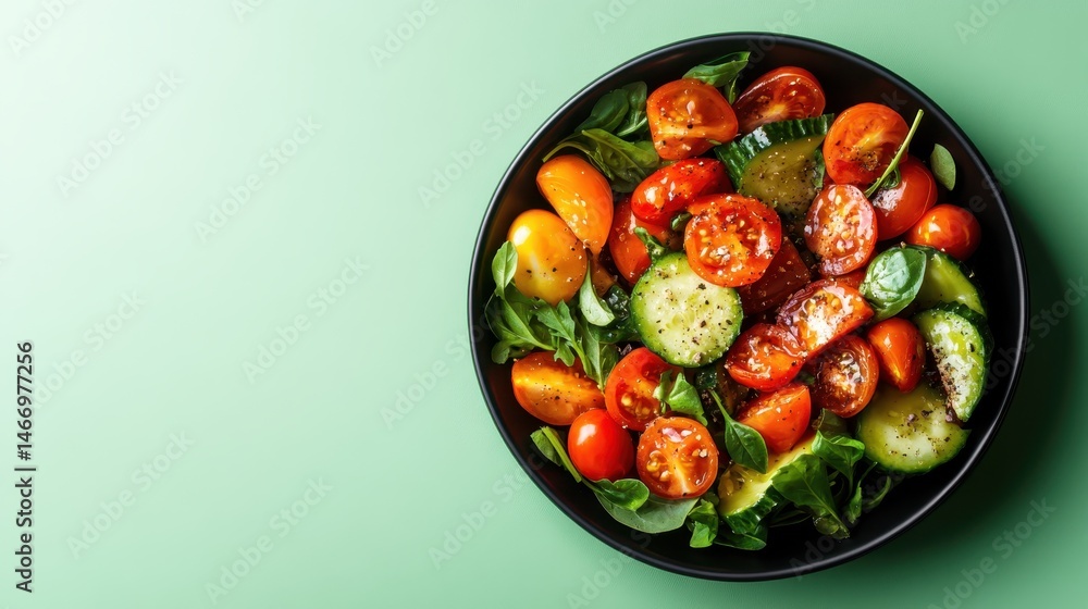 A visually appealing salad showcasing bright cherry tomatoes and cucumbers on a bed of leafy greens, perfect for a nourishing meal that embodies health and vitality. A visually appealing salad showcasing bright cherry tomatoes and cucumbers on a bed of leafy greens, perfect for a nourishing meal that embodies health and vitality.