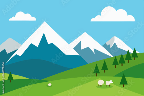 rolling alpine pastures with grazing sheep and 
