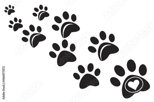 109 Black paw prints, animal tracks, silhouette, graphic design, simple shapes, bold contrast, repetitive pattern, minimalist style, pet footprints, canine or feline paws, vector illustration, monochr