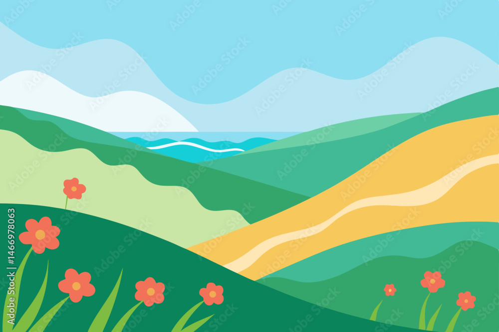 Fototapeta premium rolling coastal hills with wildflowers and waves c.svg