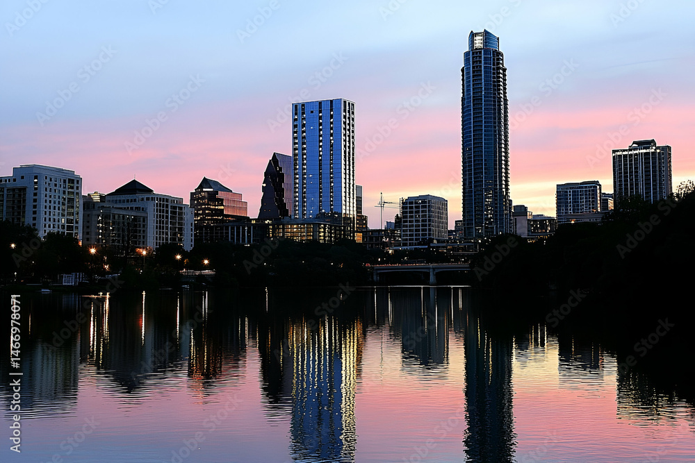 Naklejka premium City Skyline at Sunset with Water Reflection