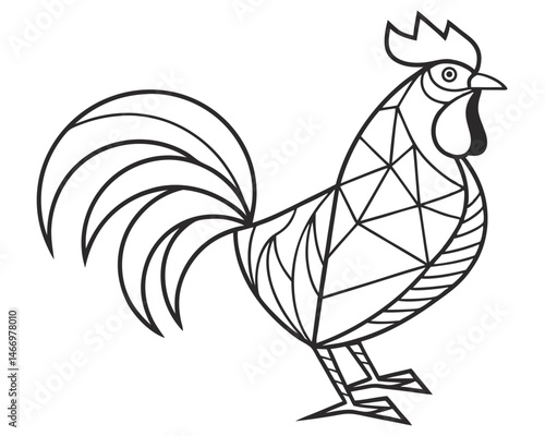 A black vector drawing shows a cute cartoon rooster, a farm animal and poultry illustration, in a simple silhouette sketch