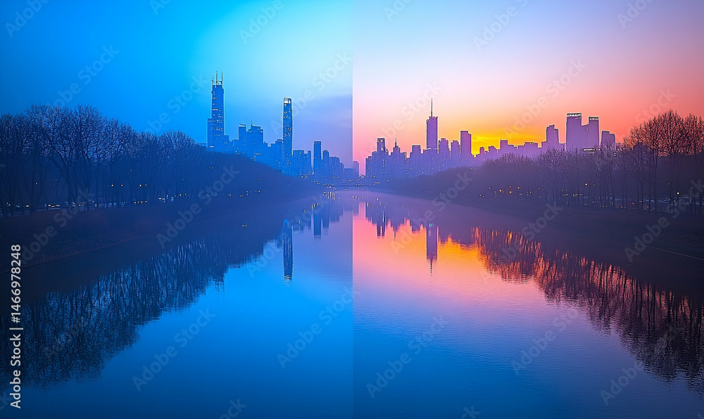 Obraz premium City Skyline Sunrise and Sunset Reflection in Water