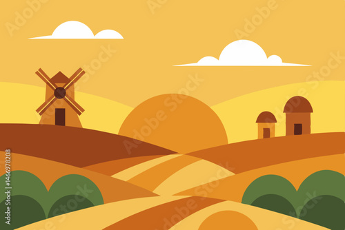 rolling farmland with old windmills and golden mor.svg