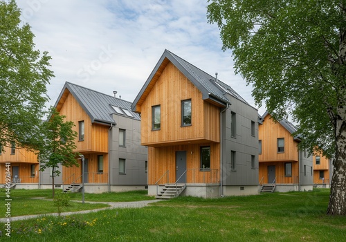 View of modern residential houses with wooden and gray facades surrounded by green trees and grass area