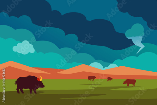 rolling plains with bison grazing under a wide sto.svg