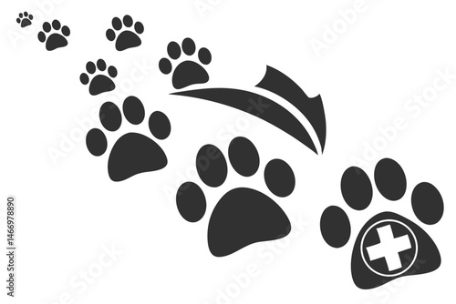 109 Black paw prints, animal tracks, silhouette, graphic design, simple shapes, bold contrast, repetitive pattern, minimalist style, pet footprints, canine or feline paws, vector illustration, monochr