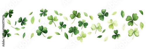 Delicate clover and leaf design.  Various shades of green clover leaves and smaller leaves scattered on a white background create a flowing, natural design