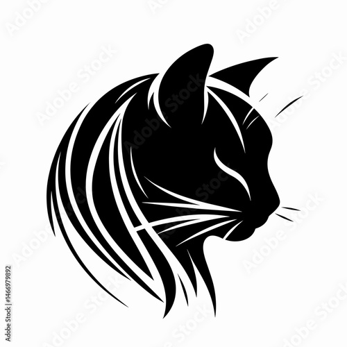 Stylized black silhouette of a cat, artistic representation with smooth lines on a white background