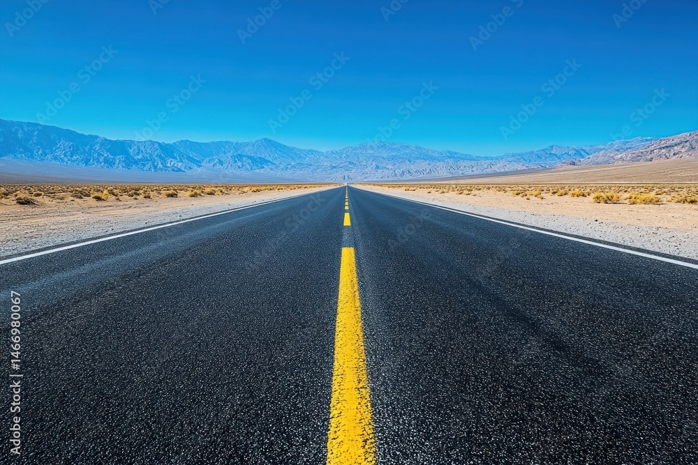 Naklejka premium Empty highway stretches into a vast, desert landscape under a vibrant blue sky. Mountains loom in the distance