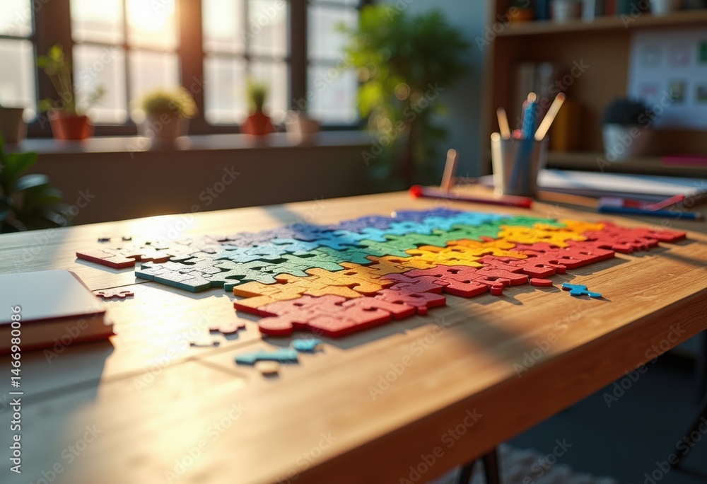 vibrant multicolored puzzle pieces assembled modern desk representing creativity collaboration problem solving, art, design, game, pattern, group, play vibrant multicolored puzzle pieces assembled modern desk representing creativity collaboration problem solving, art, design, game, pattern, group, play