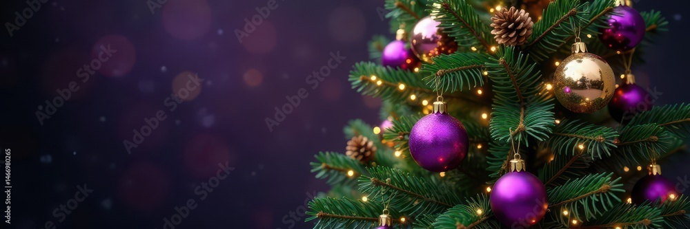 Obraz premium A regal Christmas tree adorned with purple and gold ornaments and natural pine cones , pine cones, gold ornaments, holiday tree