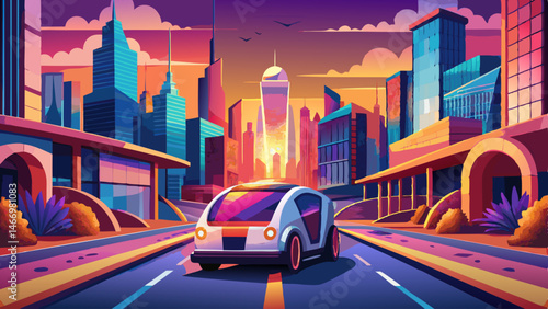 Futuristic selfdriving vehicle navigating through a vibrant urban landscape during sunset